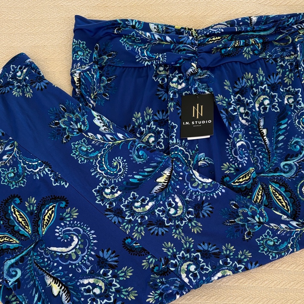 NWT 3X I.N. Studio Women Blue, White, Yellow Floral Paisley wide leg flowy pants